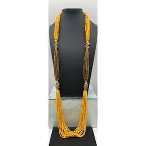 Vintage 14 Multi Strand Yellow & Gold Seed Bead Necklace W Gold Tone Stations